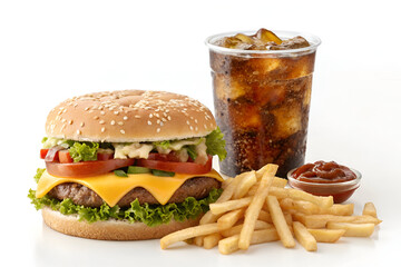 Classic cheeseburger, fries, and drink combo meal isolated on white background, perfect for menus and food ads.