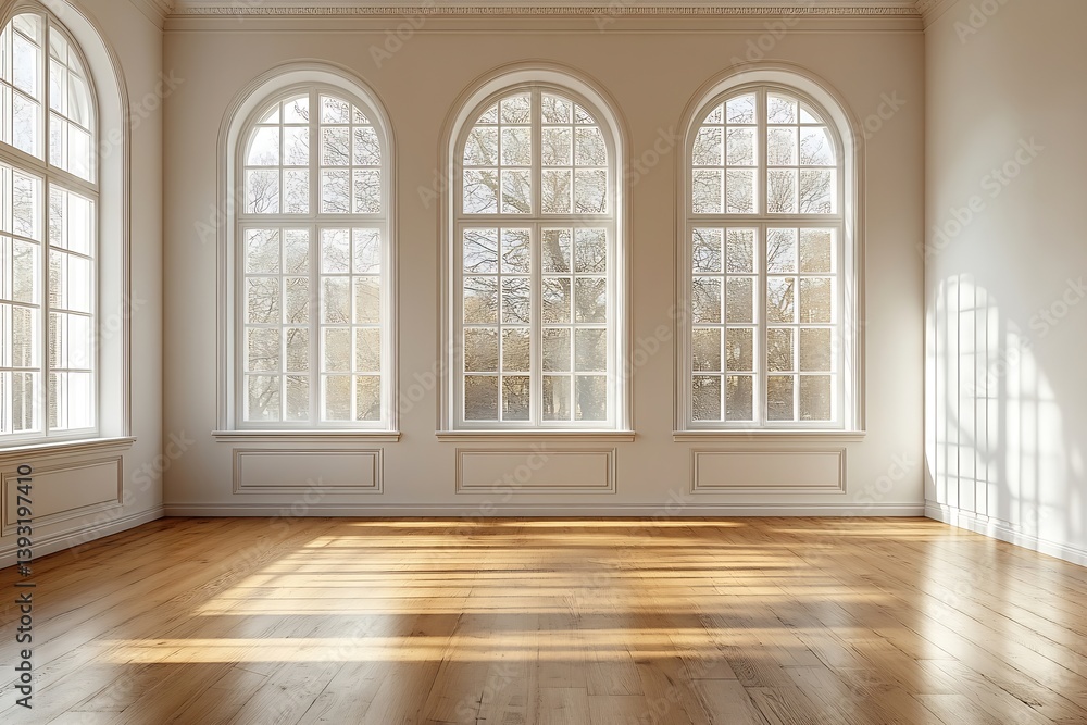 Poster elegant empty room interior with arched windows and hardwood floors natural light and shadow play cl