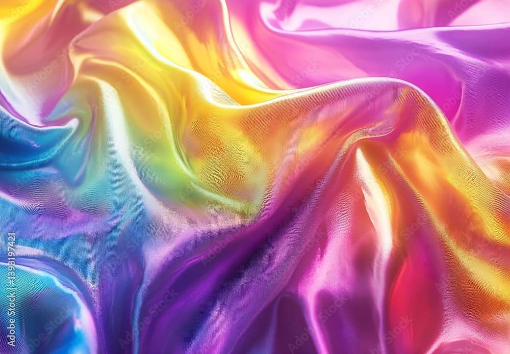 Poster Iridescent Holographic Fabric with Colorful Folds Abstract Cloth Texture Background Rainbow Silk Bright Gradient Shiny Material : Generative AI