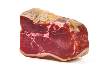 Delicious Serrano ham, cured jamon iberico, isolated on white background.