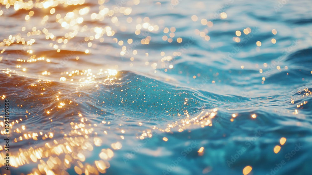 Poster close up of ocean water with sunlight reflecting creating a bokeh effect on the surface of the water