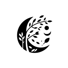 Black & White Nature Logo: Tree in Moon Phase Silhouette