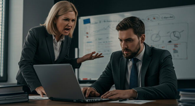 A furious businesswoman angrily confronts a stressed male colleague over a laptop during a tense office meeting, captured in a dimly lit room with a whiteboard background.