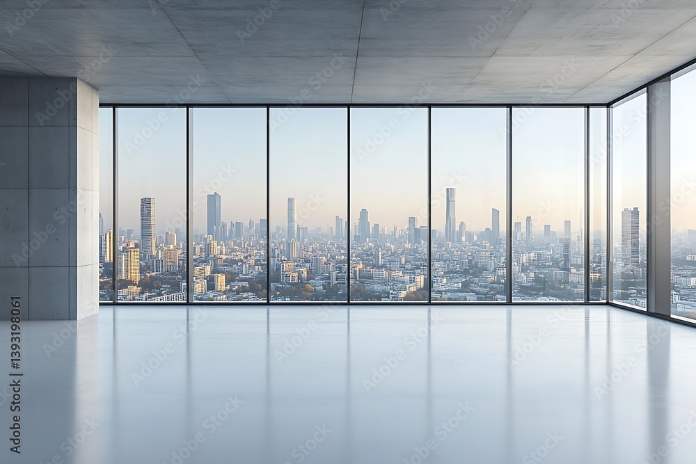 Poster modern office interior with city skyline view empty room with large windows and concrete walls urban