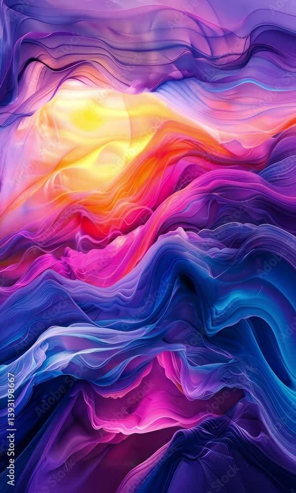 Poster vivid colors and flowing patterns create a mesmerizing abstract landscape at sunset in digital art