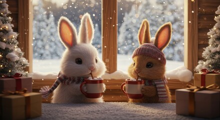 Winter Wonderland Bunnies Enjoying Hot Drinks - Two adorable bunnies, cozy scarves, mugs of warm drinks, snowy window view, Christmas gifts. Symbolizes warmth, friendship, winter holidays, comfort
