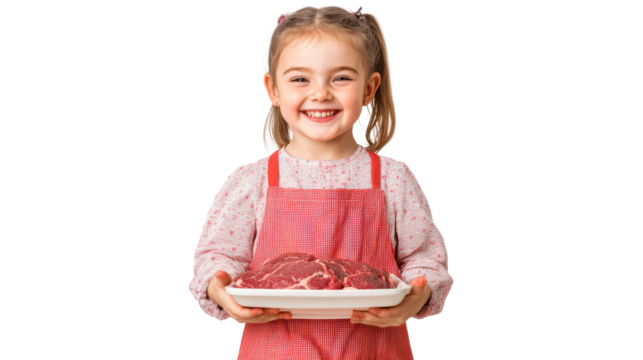 Happy girl with meat, smiling, cute child, red apron, studio, cut out transparent