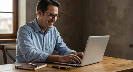 A delighted man happily working on his laptop from home, enjoying the simple pleasures of remote work, in a warm and inviting workspace with soft natural light.