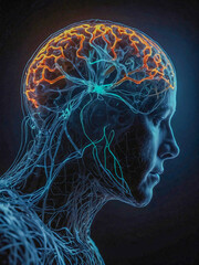 Digital silhouette of a human head with glowing neural activity.
