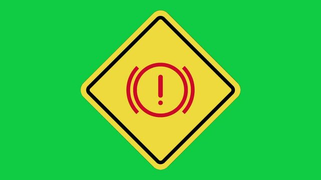 Handbrake Warning Road Sign Animation, Yellow Diamond Traffic Safety Icon on Green Screen in 4K