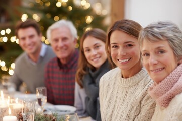 warm family gathering around festive dinner table adorned with seasonal decorations everyone smiling and dressed in