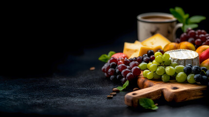 A tray of fruit and cheese is on a table
