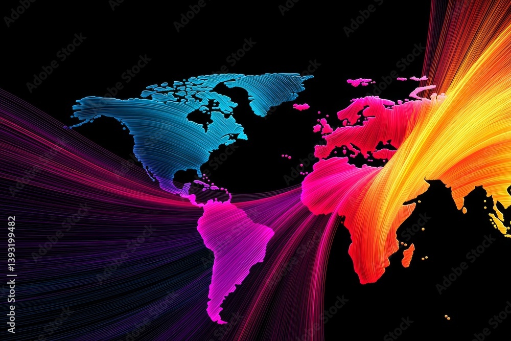 Poster global connections abstract map - vibrant abstract world map illustration, showcasing global interco