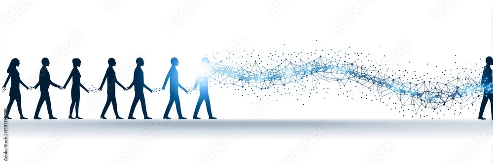 Poster global network connection - silhouettes of people connected by a flowing network, symbolizing global
