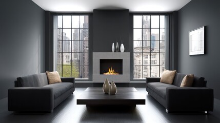 Fototapeta premium A contemporary living room with dark charcoal gray walls and a minimalist white fireplace