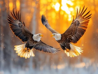 Naklejka premium Two majestic eagles in flight, wings outstretched, against a golden winter sunset