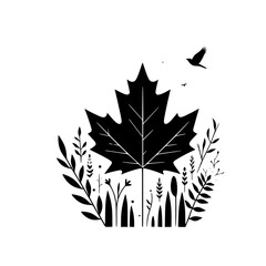 Minimalist Black and White Autumn Leaf Illustration with Birds