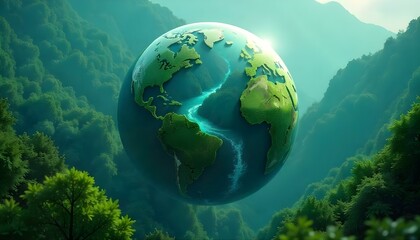 Obraz premium A digital artwork presents a spherical, Earth-like planet encapsulated within a transparent bubble, set against a backdrop of lush, green forests
