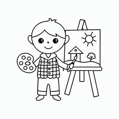 Cartoon Boy Painting at Easel – Black and White Line Art, Coloring Book for Kid's Vector Illustration. International Children's Book Day.