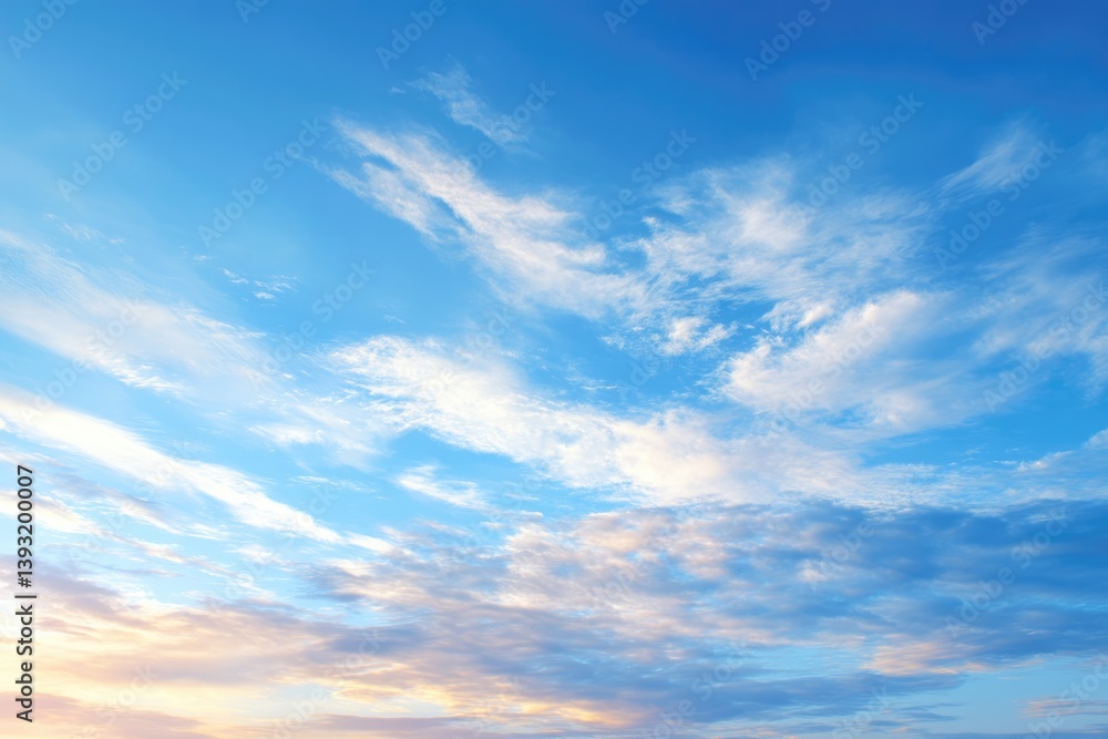 Aufkleber bright blue sky with soft clouds illuminated by golden hour light creating calm and inviting scene