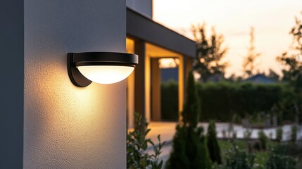 Modern wall lamp illuminates house exterior at dusk.