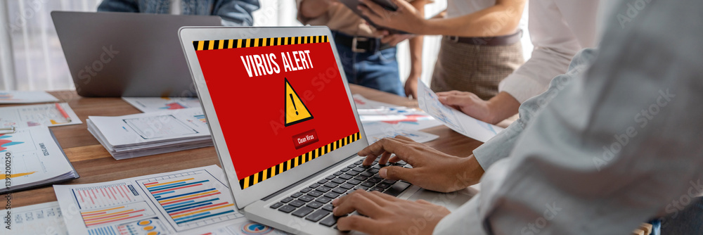 Poster Virus warning alert on computer screen detected brisk cyber threat , hacker, computer virus and malware