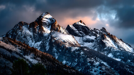 Snow-dusted mountains glowing under a fading sun in the evening.