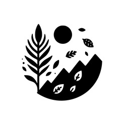 Minimalist Nature Icon: Mountains, Sun, Leaves, and Plant - Vector Illustration
