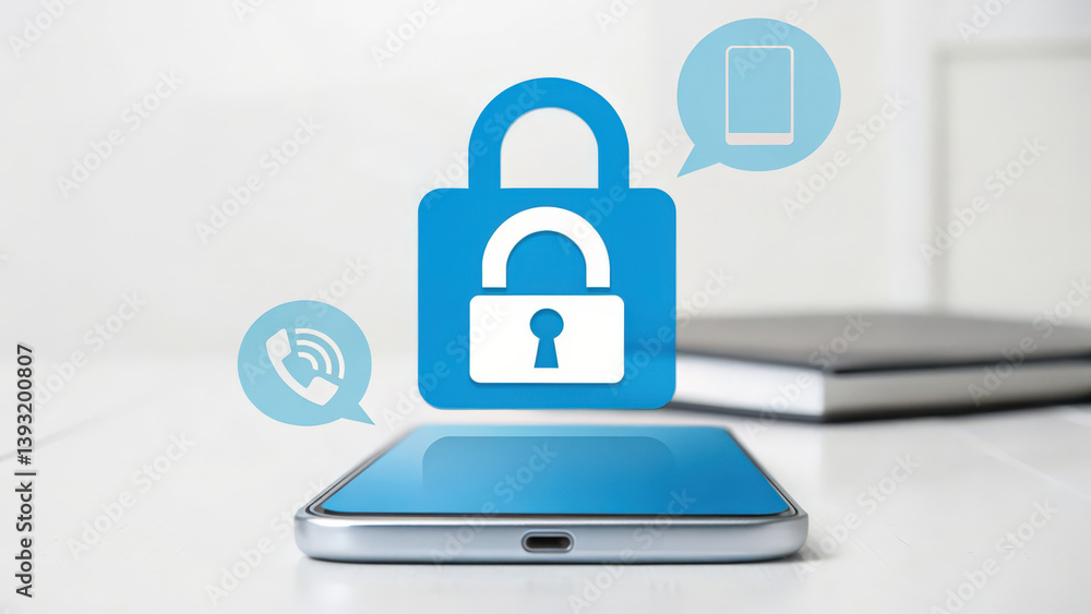 Poster spam call on phone technology, a smartphone with a lock symbol, representing security and privacy, a