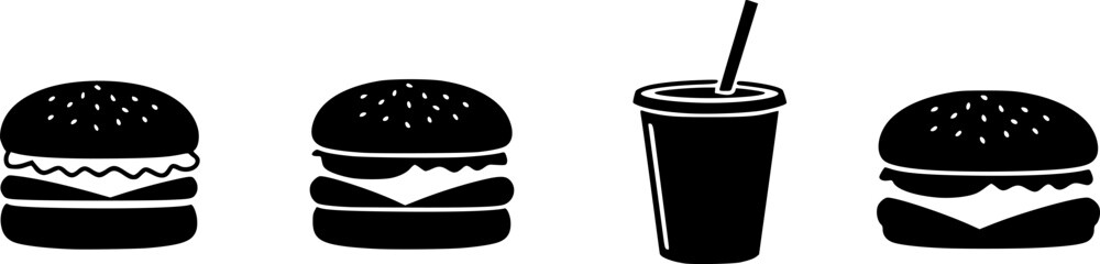 Burger and drink icon, hamburger and soda silhouette vector
