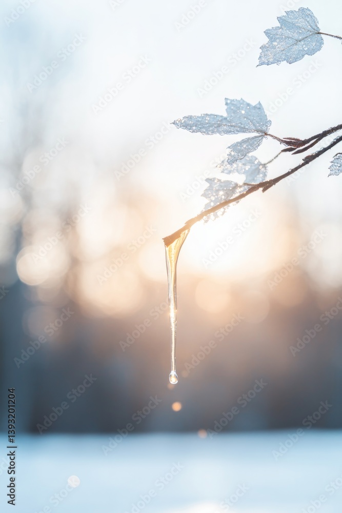 Poster close-up of freshly tapped maple tree with sap dripping from spout catching sunlight against blurred