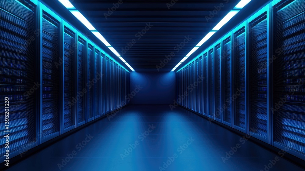 Poster Futuristic server room with glowing blue lights and symmetrical rows of server racks, ideal for cybersecurity, cloud computing, and tech infrastructure visuals