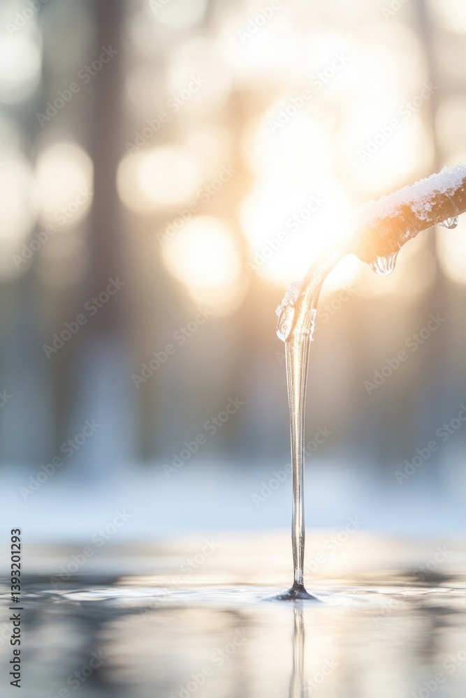 Poster close-up of freshly tapped maple tree with sap dripping from spout catching sunlight against blurred