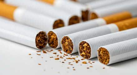 Close-up of cigarettes displaying broken tobacco on a surface  
