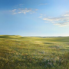 Fototapeta premium image of a sunlit prairie with rolling grasslands dotted with wildflowers isolated on a plain background 