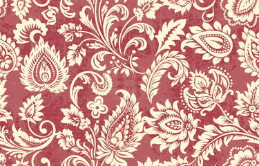 Abstract Paisley Traditional Scribble Style Hand Drawn Ikat Seamless Vector Pattern Trendy Fashion Colors Perfect for Allover Fabric Print or Wall Paper Damask Ethnic Concept Bright Orange White Tones