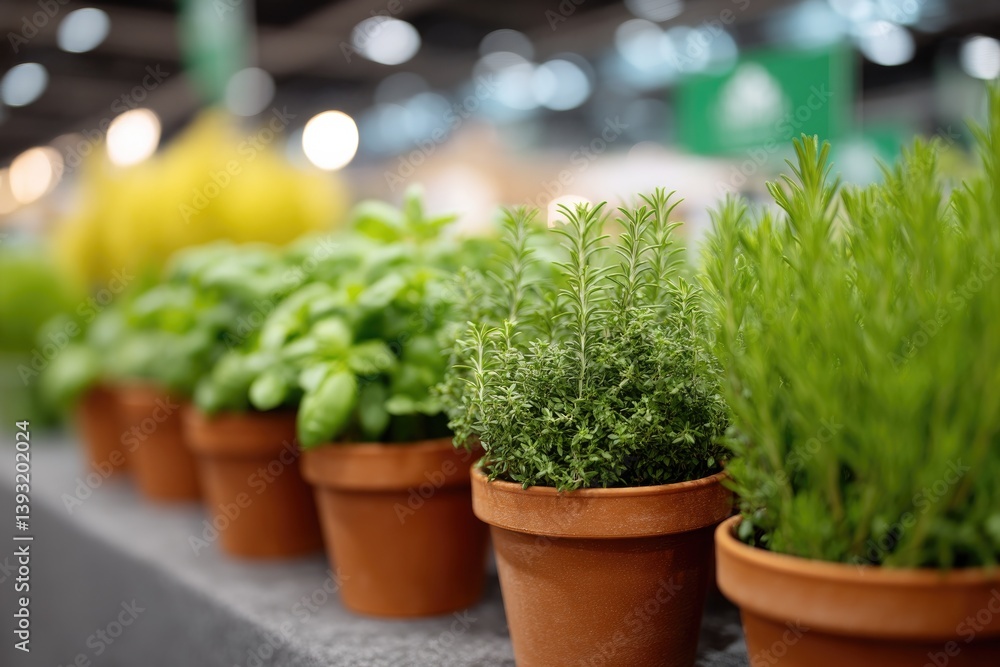 Poster colorful array of potted herbs displayed at expo background softly blurred for professional and text