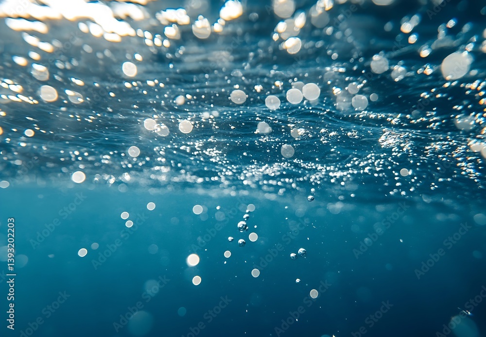 Fototapete Underwater Bubbles in Deep Blue Ocean. Abstract Nature Background of Light and Water in Marine Environment with Depth : Generative AI