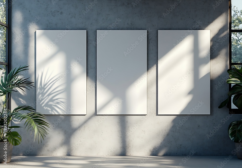Poster modern interior with three blank canvas art frames on concrete wall and potted plants in natural lig