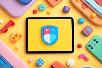 colorful whimsical desk space with tablet displaying cartoonish shield icon represents cybersecurity awareness surrounded