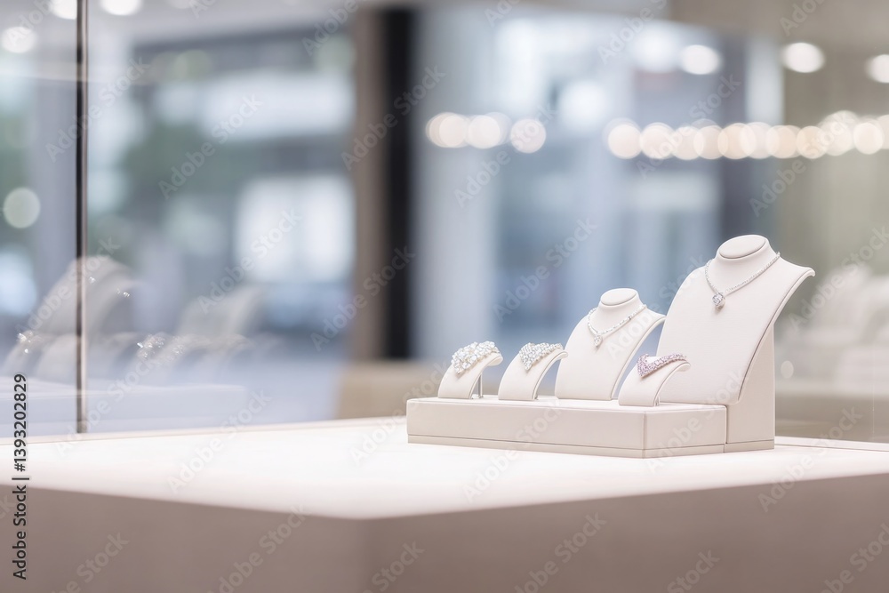 Poster creative shot of jewelry display case with detailed pieces highlighted by soft spotlighting and ampl