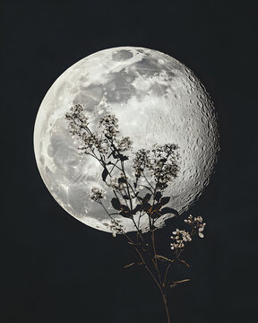 Full Moon with Delicate Botanical Silhouette.