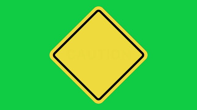 Caution Warning Sign Animation, Yellow Diamond Traffic Alert on Green Screen in 4K