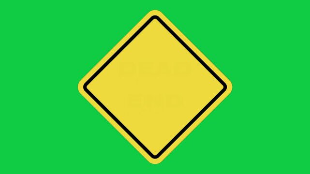Dead End Warning Sign Animation, Yellow Square Traffic Alert on Green Screen in 4K