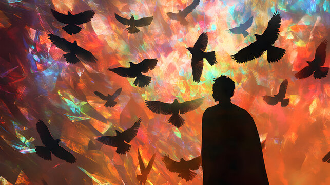 Silhouetted Figure Watching Birds in Vibrant Abstract Sky