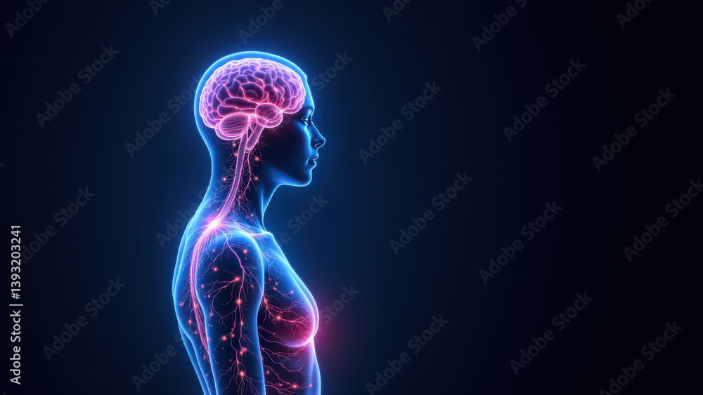 Aufkleber vns (vagus nerve stimulation) visualization with highlighted brain and body regions showing nerve pa