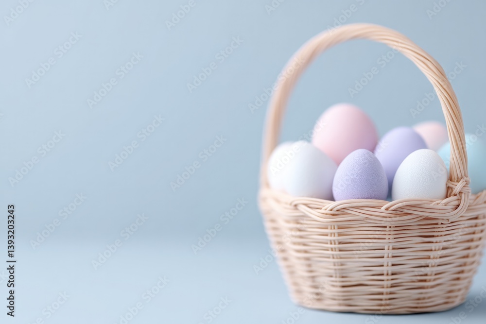 Poster detailed close-up of basket handle wrapped in ribbons with pastel easter eggs visible inside creatin