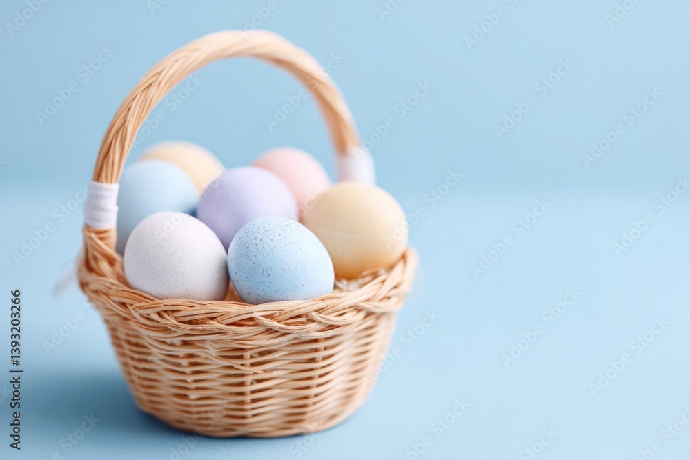 Poster detailed close-up of basket handle wrapped in ribbons with pastel easter eggs visible inside creatin