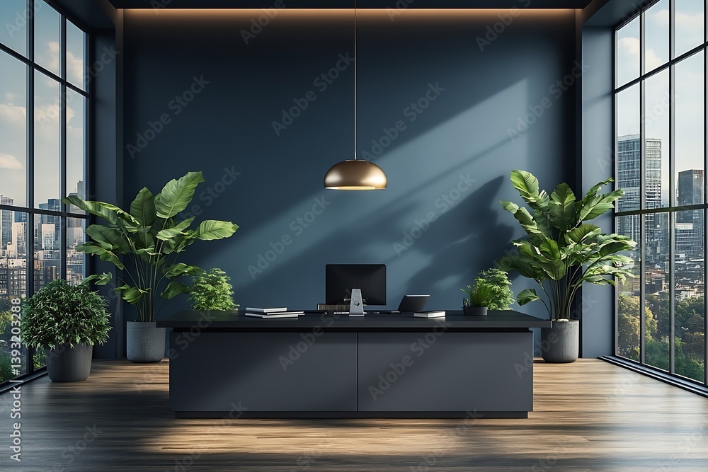 Poster elegant office interior design modern workspace with large windows city view and sleek furniture pro
