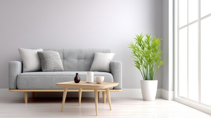 Modern Living Room Interior Design - A light grey sofa with pillows sits in a bright living room with a wooden coffee table, potted plant, and large window
